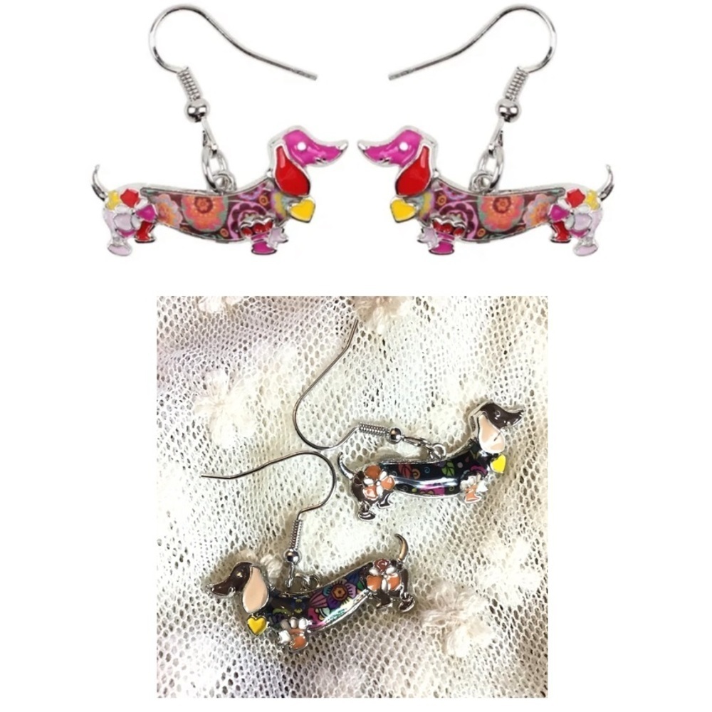 NWOT Fashion Cute Wiener Dog Dachshund Floral Dangle Pierced Earrings